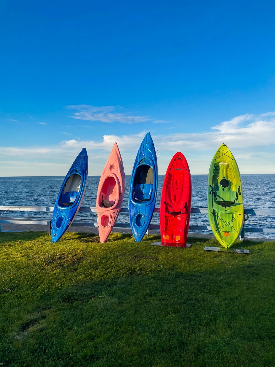 Five colorful kayaks lined up at the rail above Lake Huron