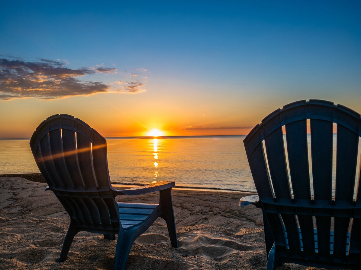 Adirondack chairs on the sandy Lake Huron beach at sunrise