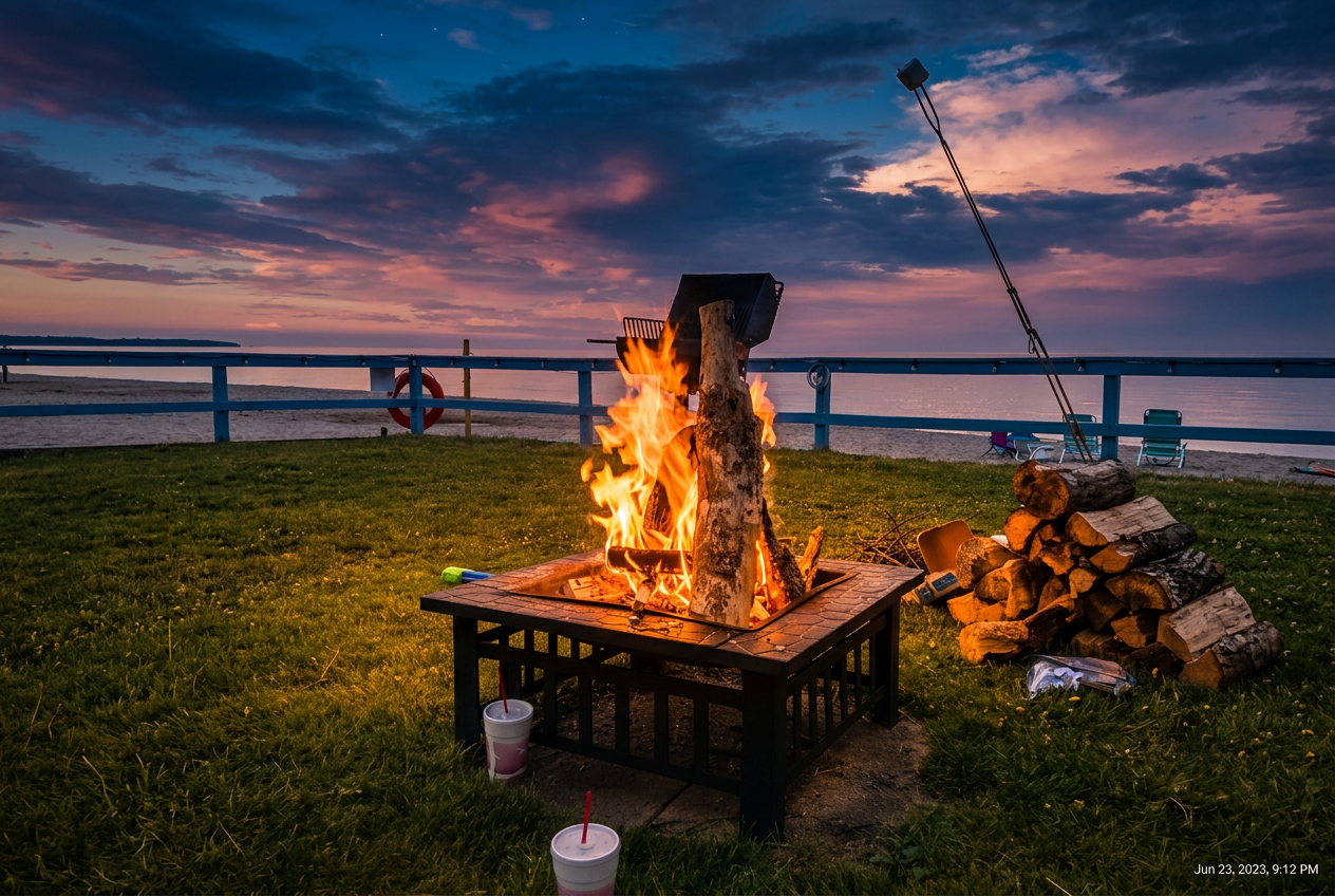 A big bonfire burning on the grassy lip above Lake Huron at dusk with a moody pink-and-indigo sky
