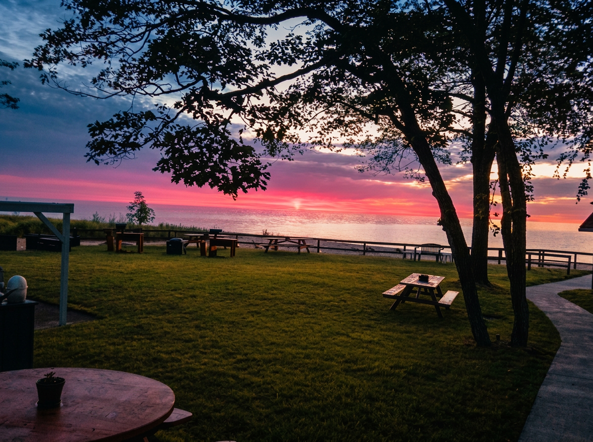 A pink Lake Huron sunset seen through trees over the lawn and picnic tables