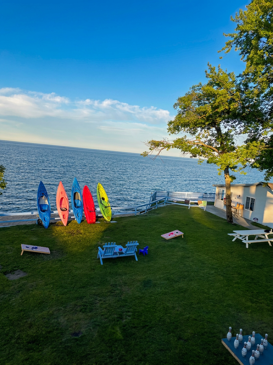 Five colorful kayaks lined up along the rail above Lake Huron