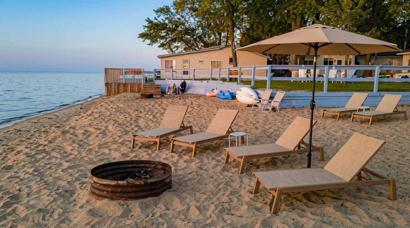 Adirondack chairs, umbrella, fire ring and kayaks on the private Lake Huron beach in front of the cabins at golden hour