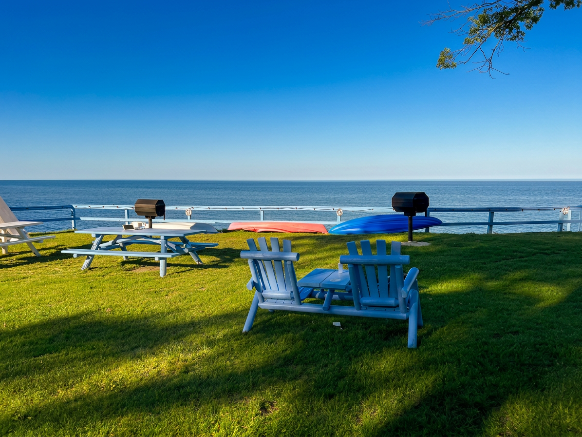 Blue picnic bench and grills on the grassy lip above the Lake Huron beach