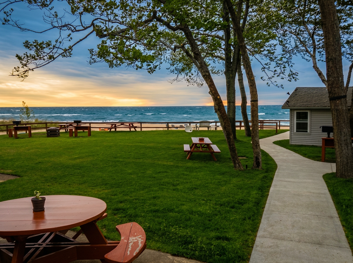 The grassy lip above the beach with picnic tables and a path along the cabins