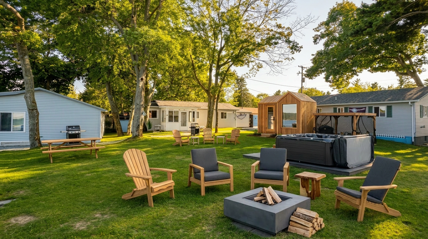 Concept image of the property's back lawn with upgraded outdoor furniture, a modern fire pit, a cedar sauna cabin, and a wooden hot tub