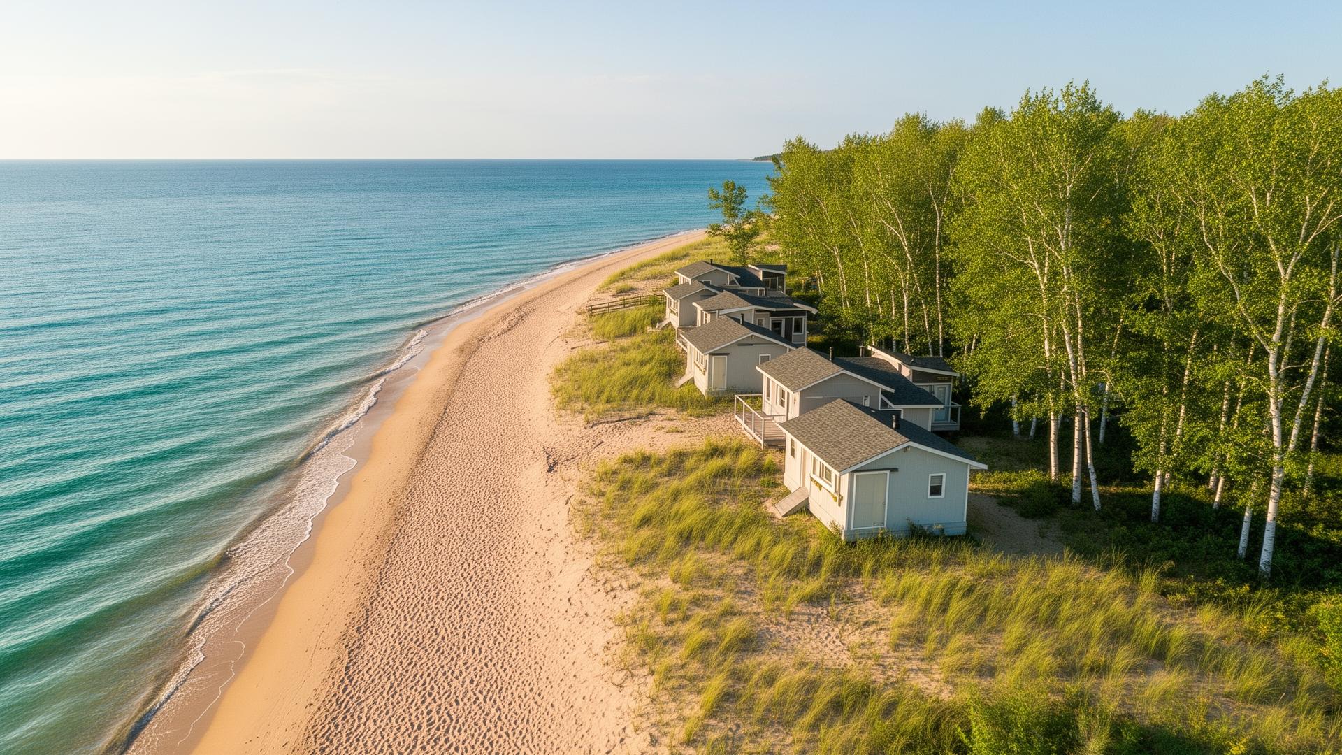 Cabins along the sandy Lake Huron shoreline