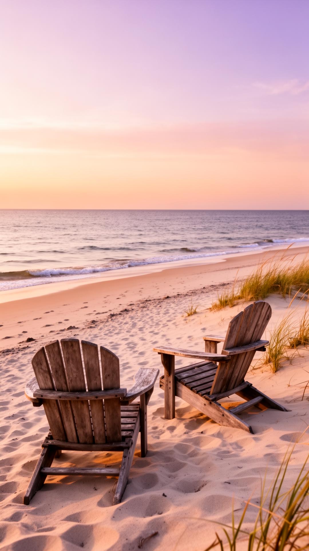 Adirondack chairs on a sandy Lake Huron beach at golden hour