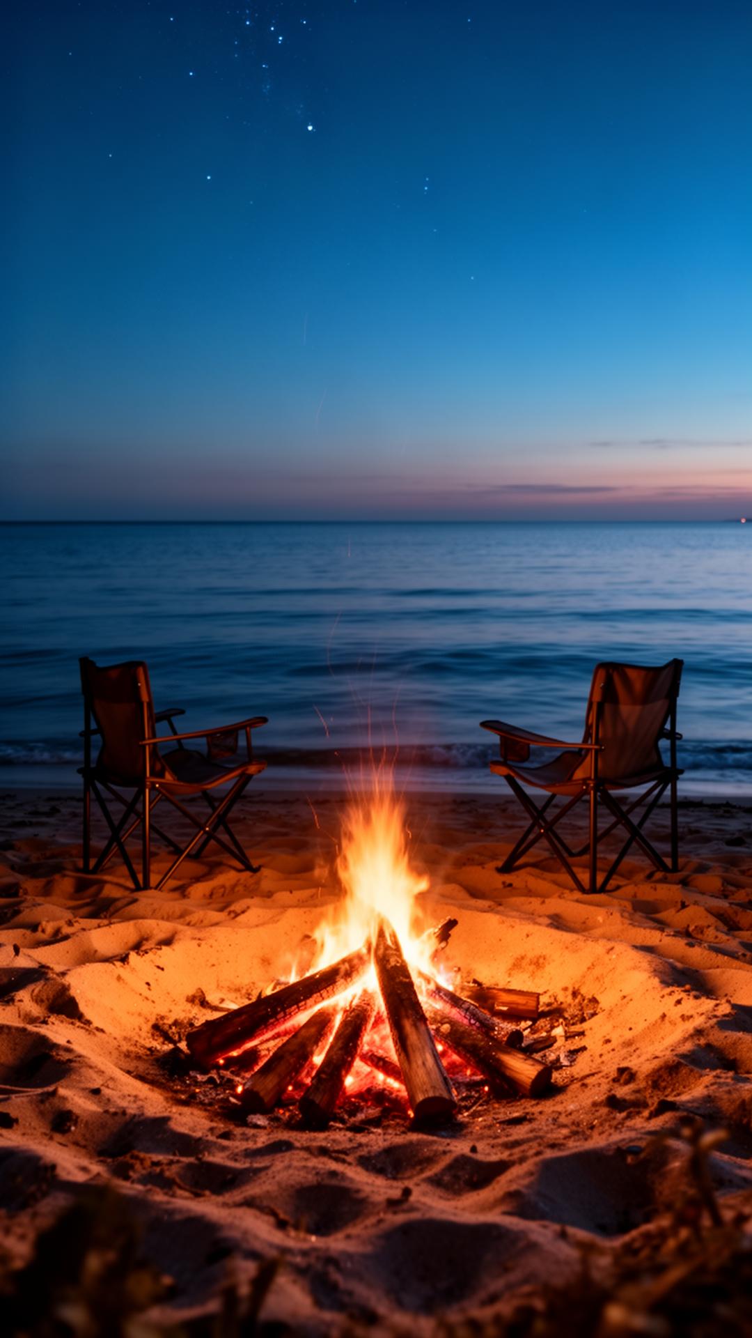 A small bonfire on a Lake Huron beach at twilight with two camp chairs