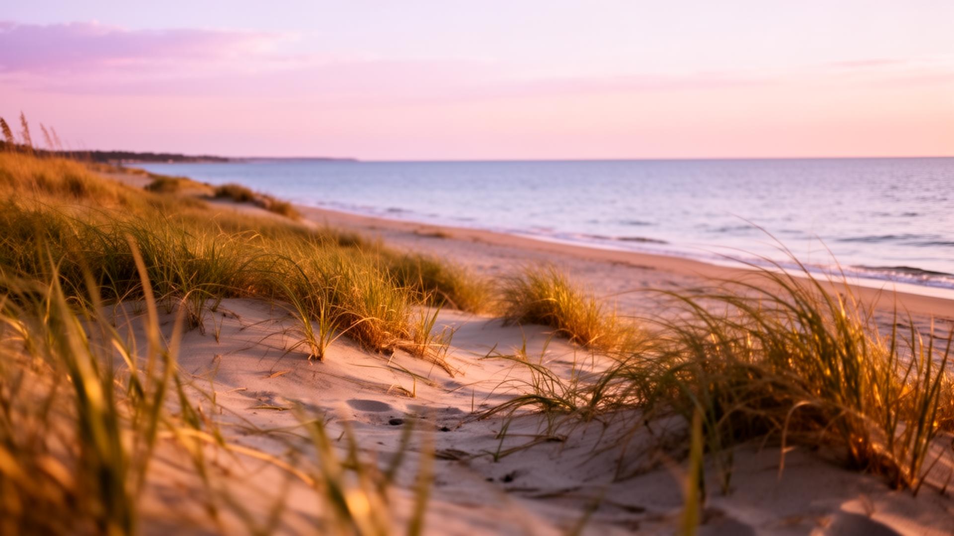 Dune grass and pale sand on a Lake Huron beach at golden hour