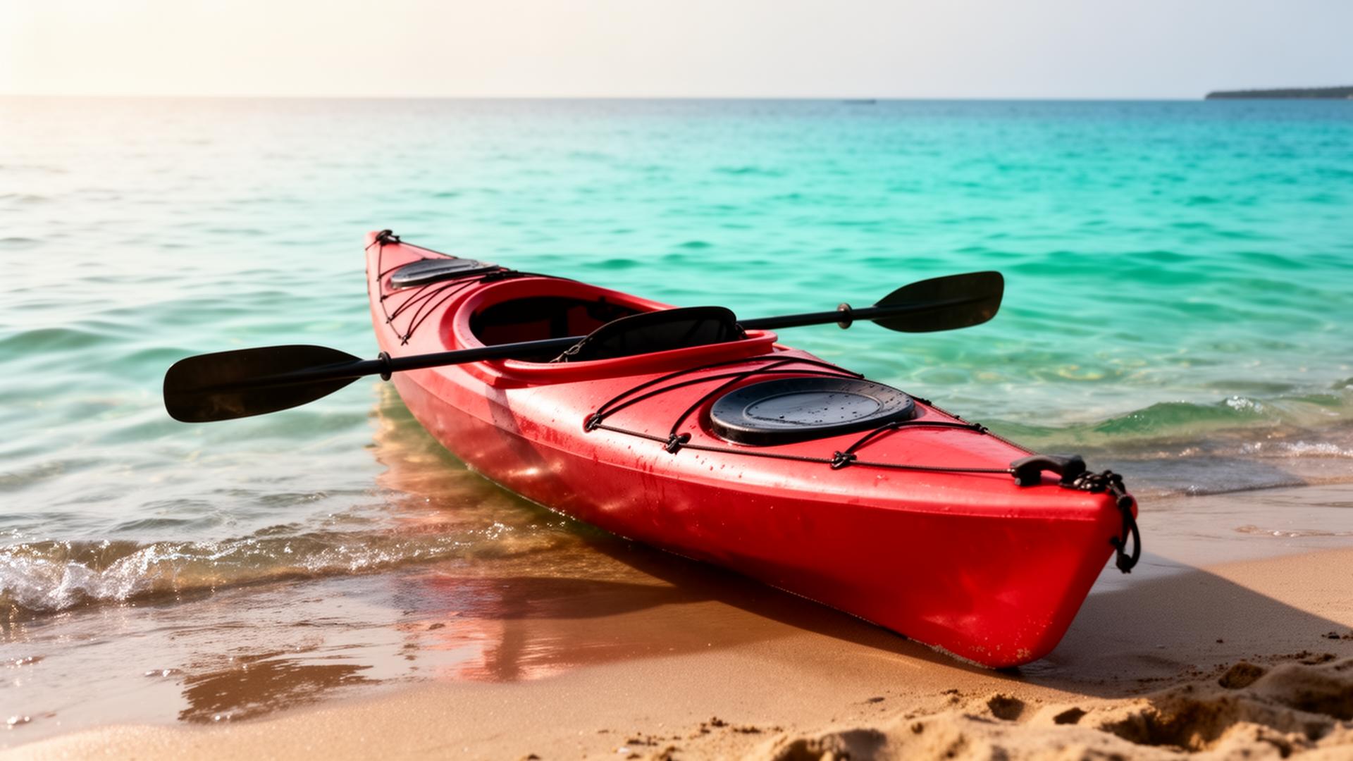 A red kayak resting on Lake Huron's sandy edge with clear turquoise water