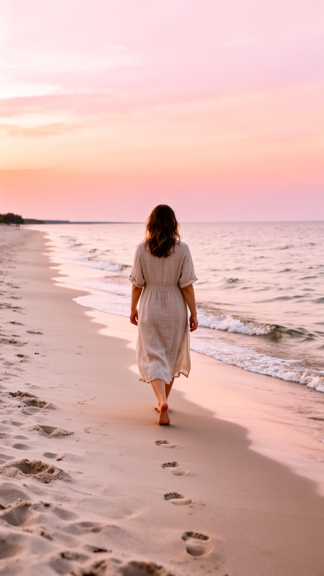 A barefoot walker leaving footprints along the shoreline at sunrise