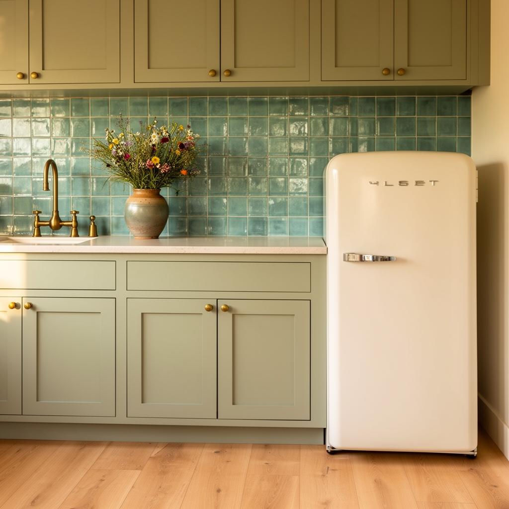 Sage and turquoise renovated kitchenette